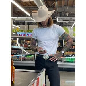 Vintage Union Made Cowboy Hat | Wool Felt Beige Feather Detail Western Size L